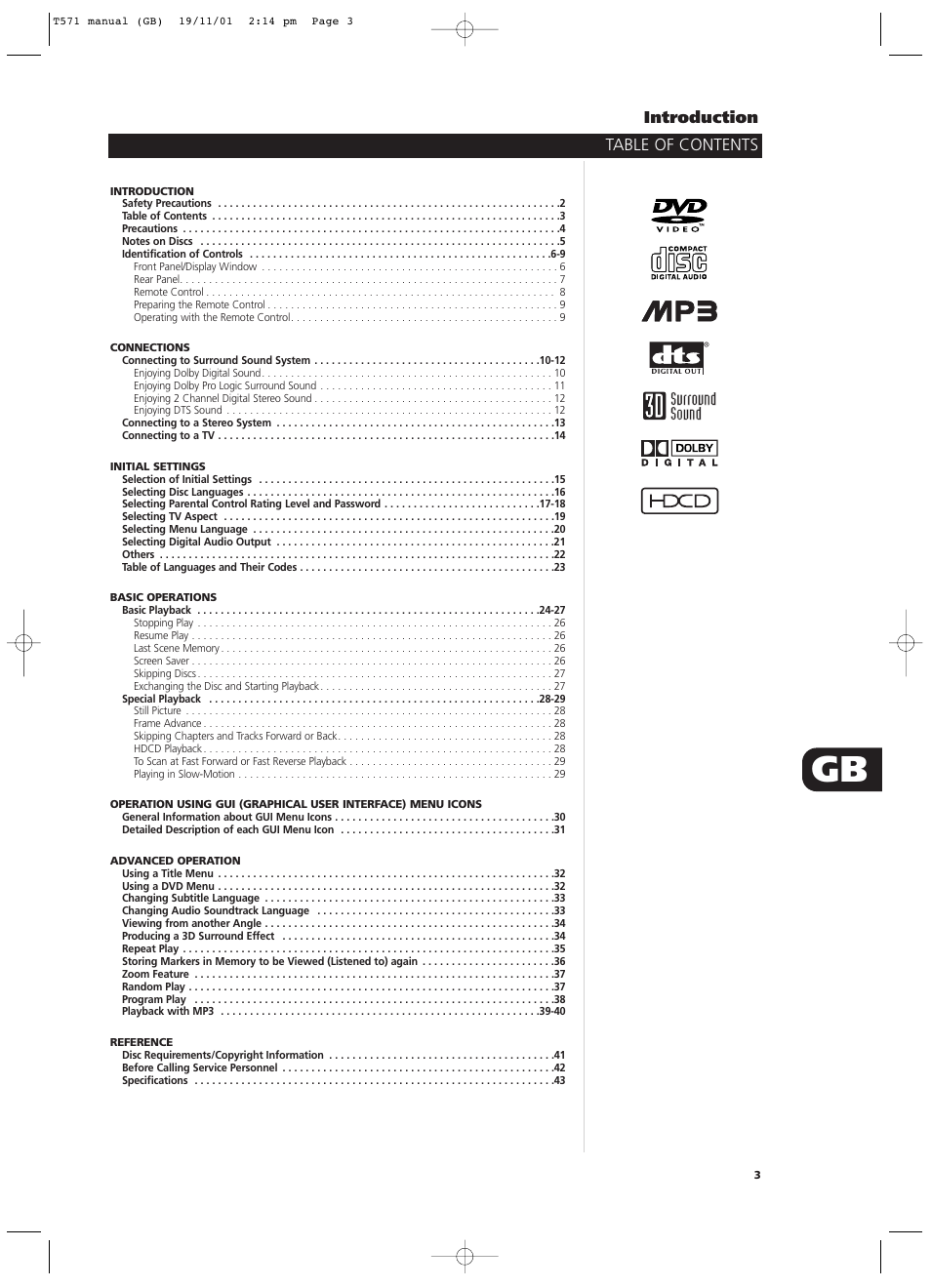 Table of contents introduction | NAD T571 User Manual | Page 3 / 44