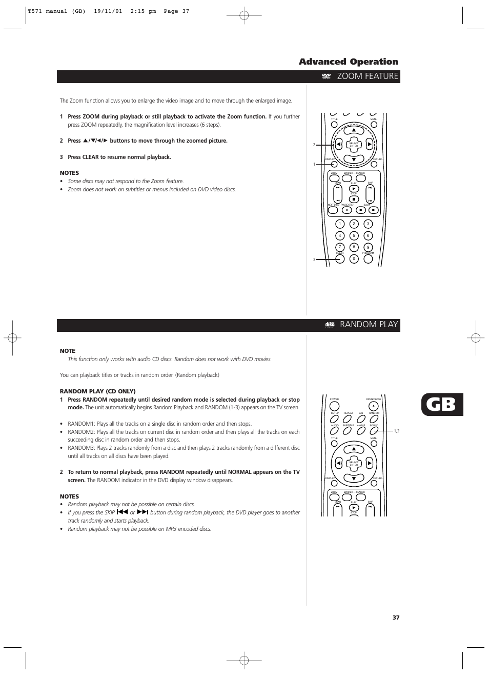 Zoom feature advanced operation, Random play | NAD T571 User Manual | Page 37 / 44