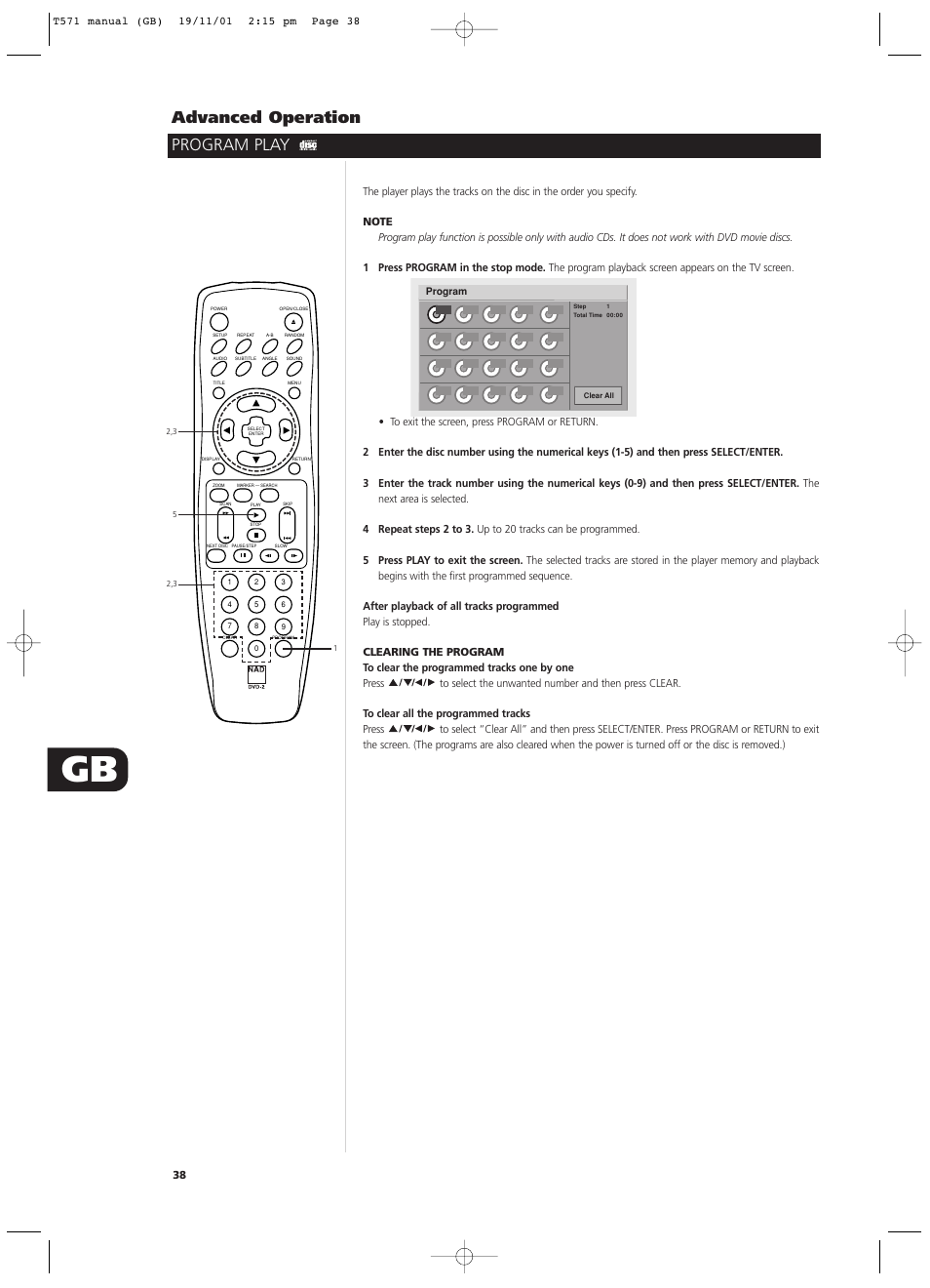 Program play advanced operation | NAD T571 User Manual | Page 38 / 44