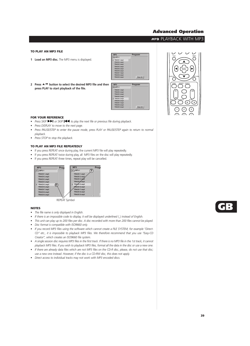 Playback with mp3 advanced operation | NAD T571 User Manual | Page 39 / 44