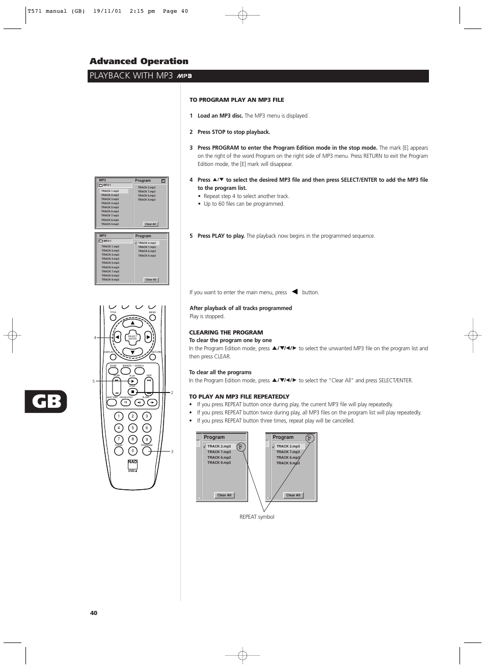 Playback with mp3 advanced operation | NAD T571 User Manual | Page 40 / 44