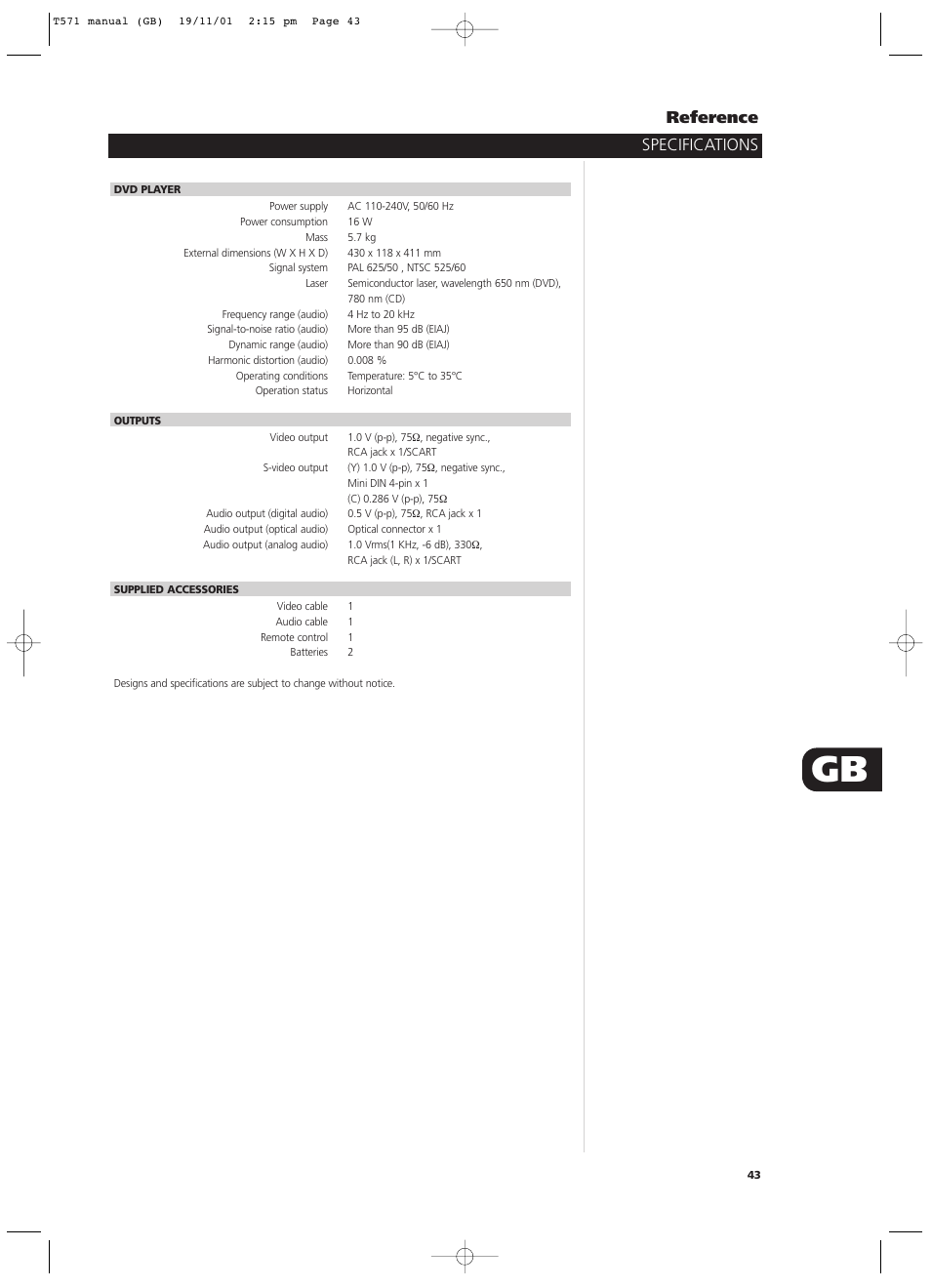 Specifications reference | NAD T571 User Manual | Page 43 / 44