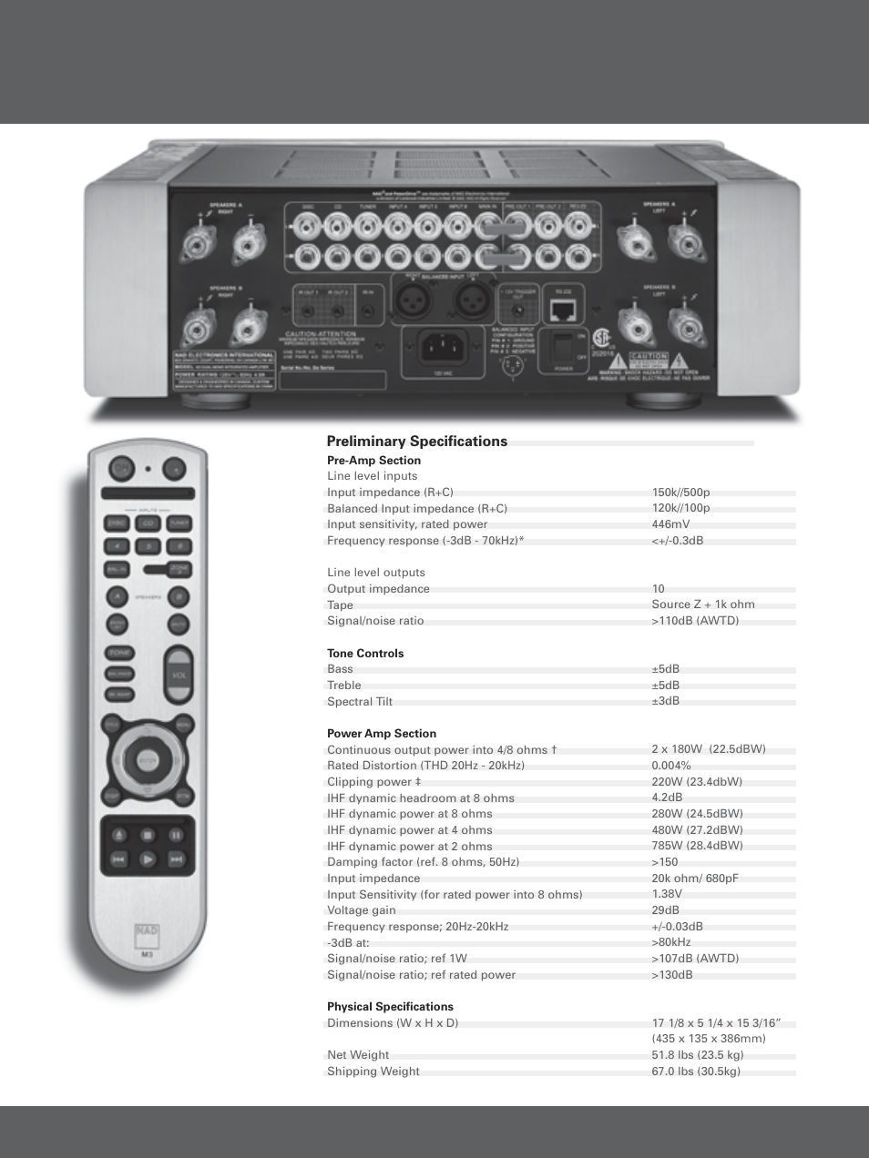 Preliminary speciﬁcations | NAD Masters Series M3 User Manual | Page 3 / 4