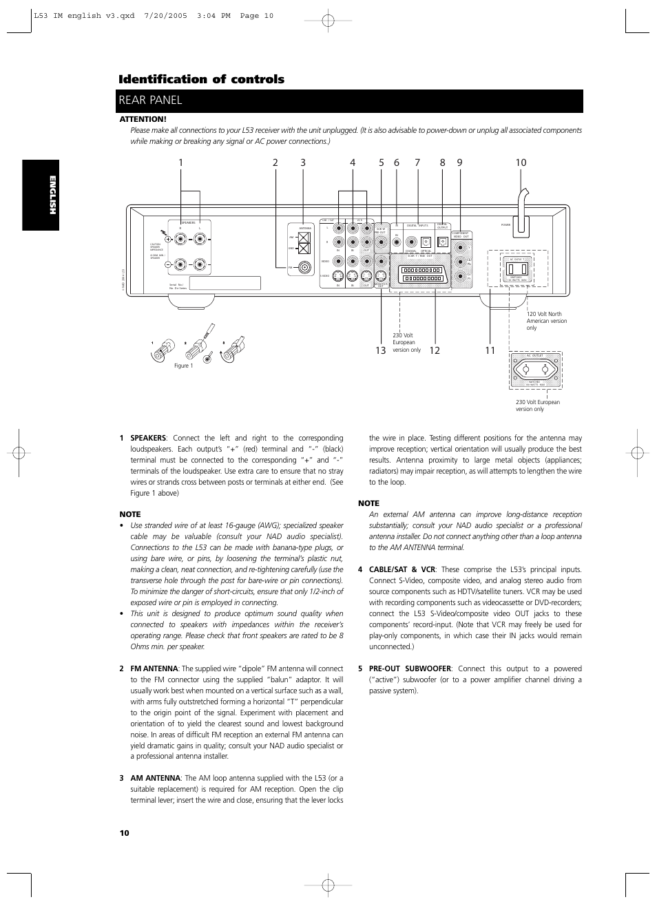 Rear panel identification of controls | NAD L 53 User Manual | Page 10 / 32