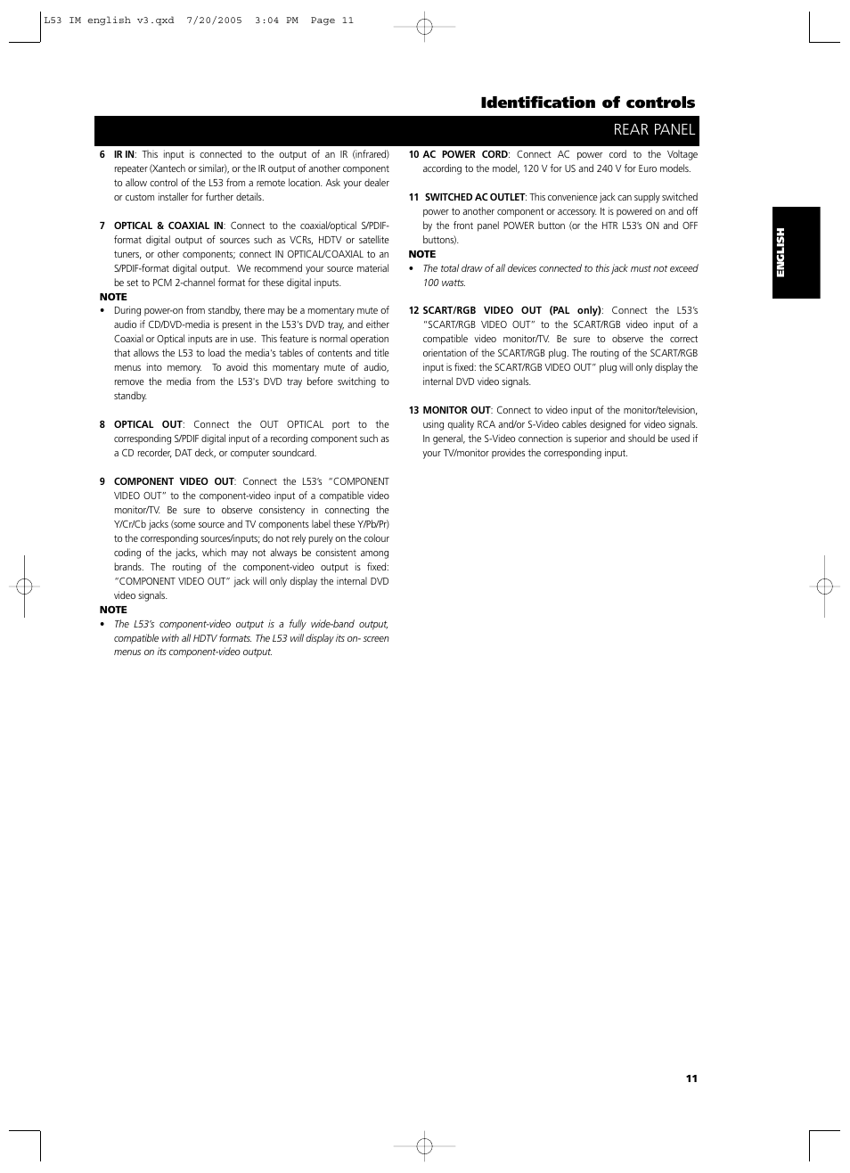 Rear panel identification of controls | NAD L 53 User Manual | Page 11 / 32