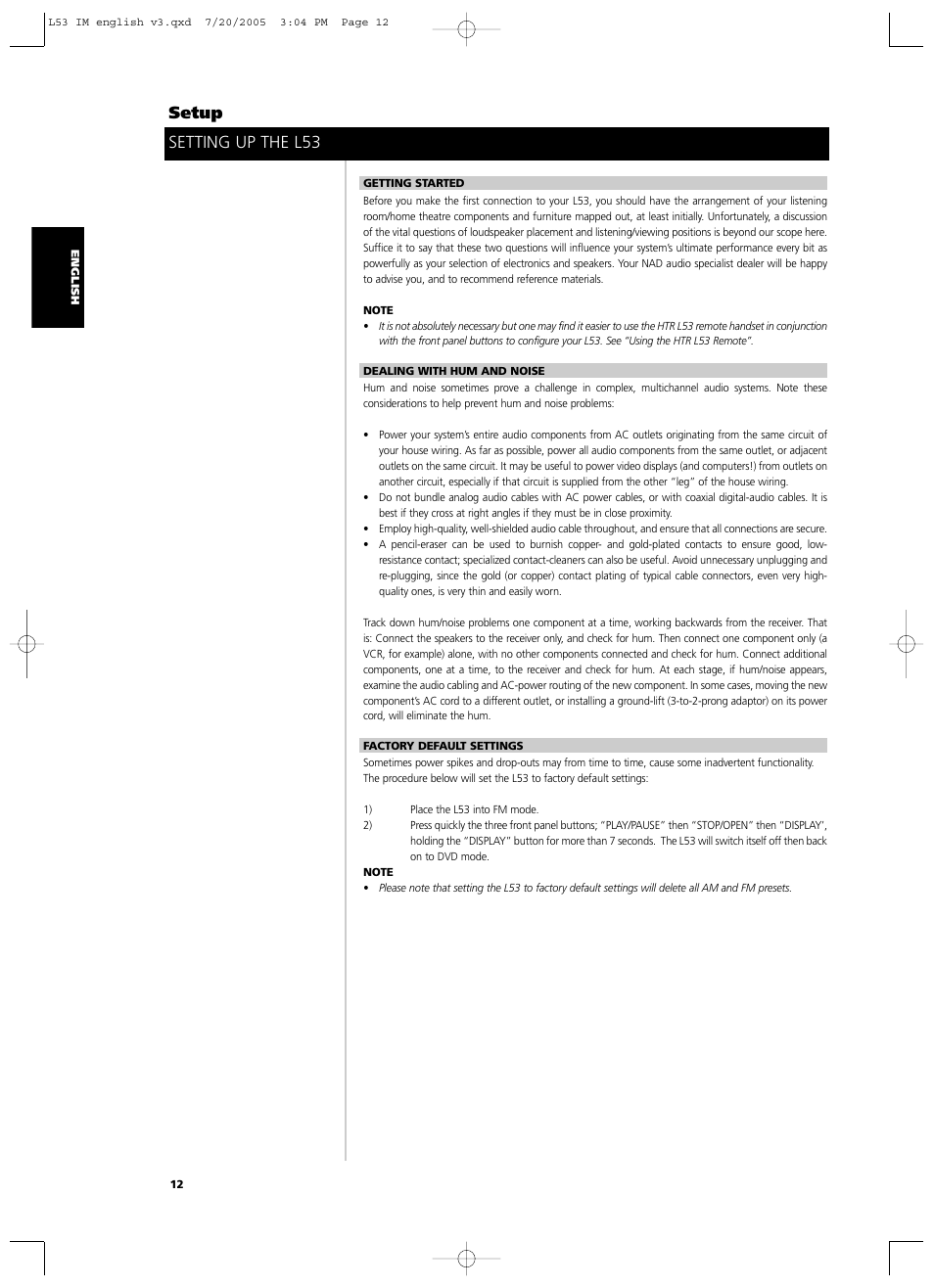 Setting up the l53 setup | NAD L 53 User Manual | Page 12 / 32