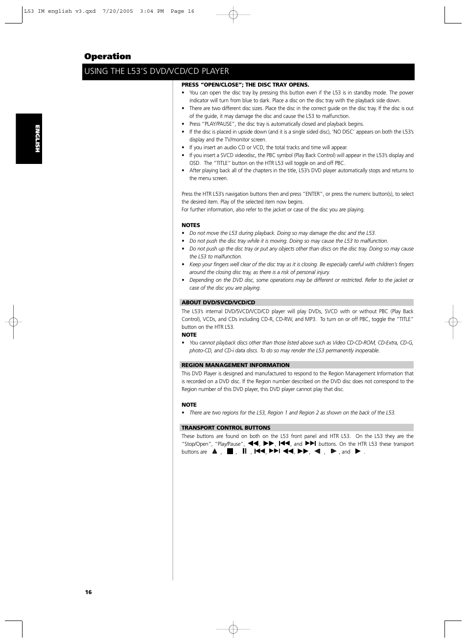 Using the l53’s dvd/vcd/cd player operation | NAD L 53 User Manual | Page 16 / 32