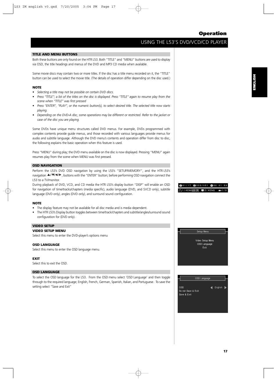 Using the l53’s dvd/vcd/cd player operation | NAD L 53 User Manual | Page 17 / 32