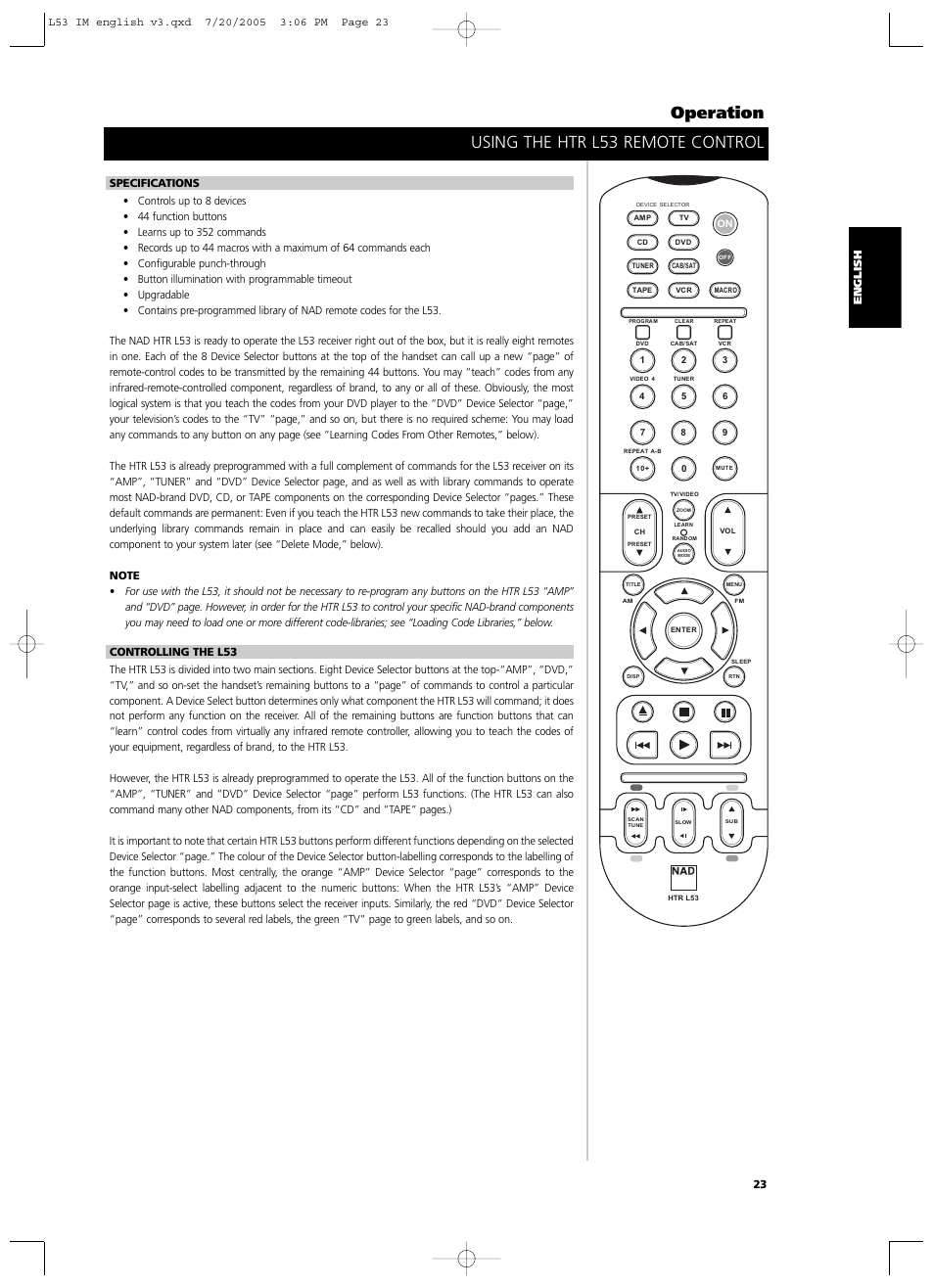 Using the htr l53 remote control operation | NAD L 53 User Manual | Page 23 / 32