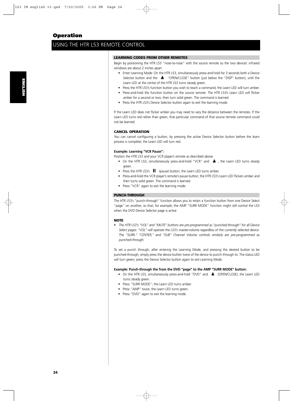 Using the htr l53 remote control operation | NAD L 53 User Manual | Page 24 / 32
