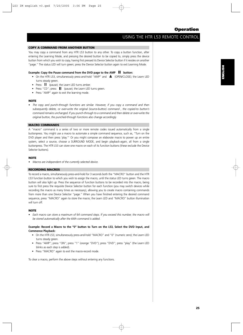 Using the htr l53 remote control operation | NAD L 53 User Manual | Page 25 / 32