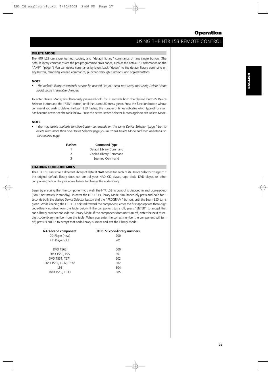 Using the htr l53 remote control operation | NAD L 53 User Manual | Page 27 / 32