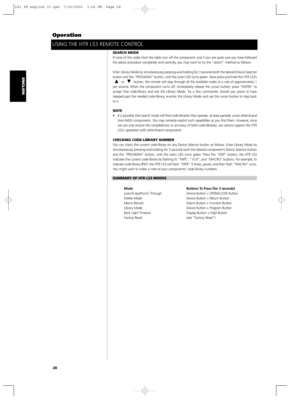 Using the htr l53 remote control operation | NAD L 53 User Manual | Page 28 / 32