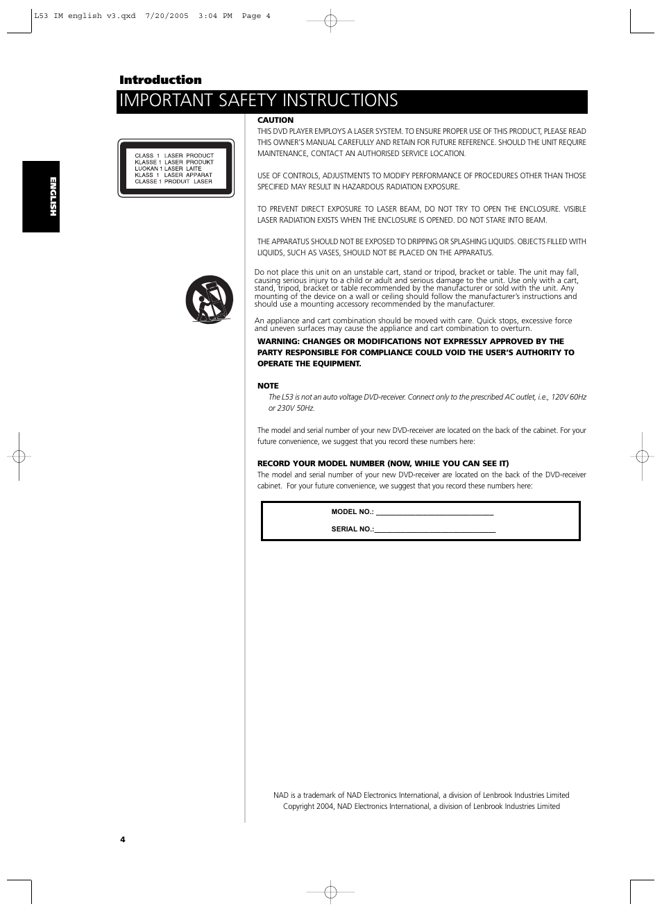 Important safety instructions, Introduction | NAD L 53 User Manual | Page 4 / 32