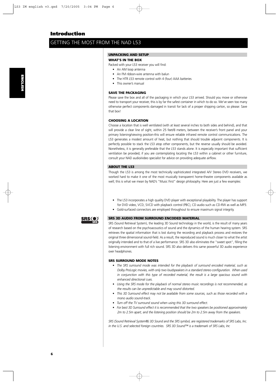 Introduction, Getting the most from the nad l53 | NAD L 53 User Manual | Page 6 / 32