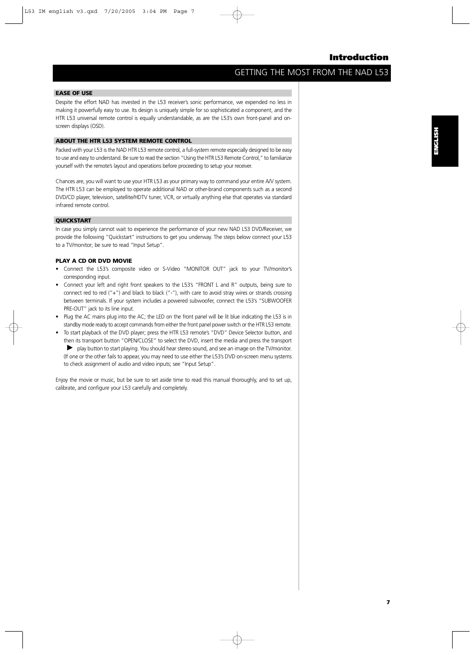 Introduction, Getting the most from the nad l53 | NAD L 53 User Manual | Page 7 / 32