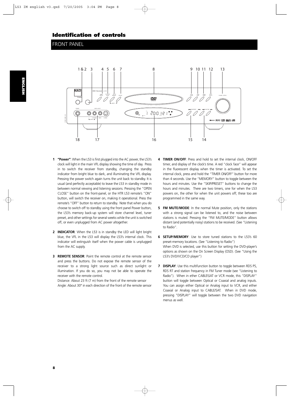 Front panel identification of controls, Digital chapter track | NAD L 53 User Manual | Page 8 / 32