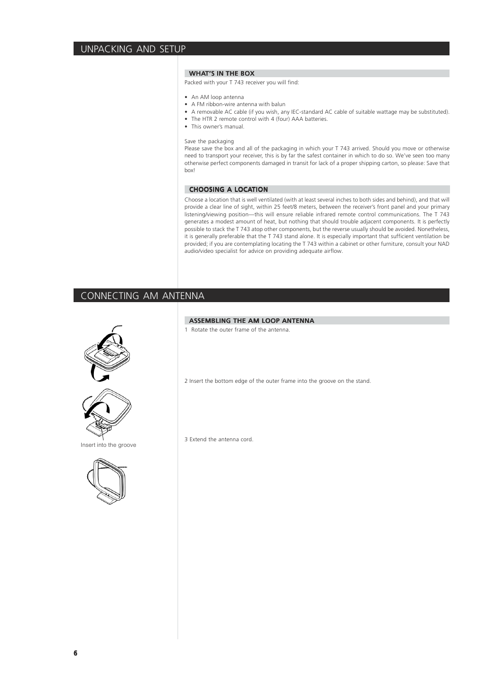 Unpacking and setup, Connecting am antenna | NAD T 743 User Manual | Page 6 / 32