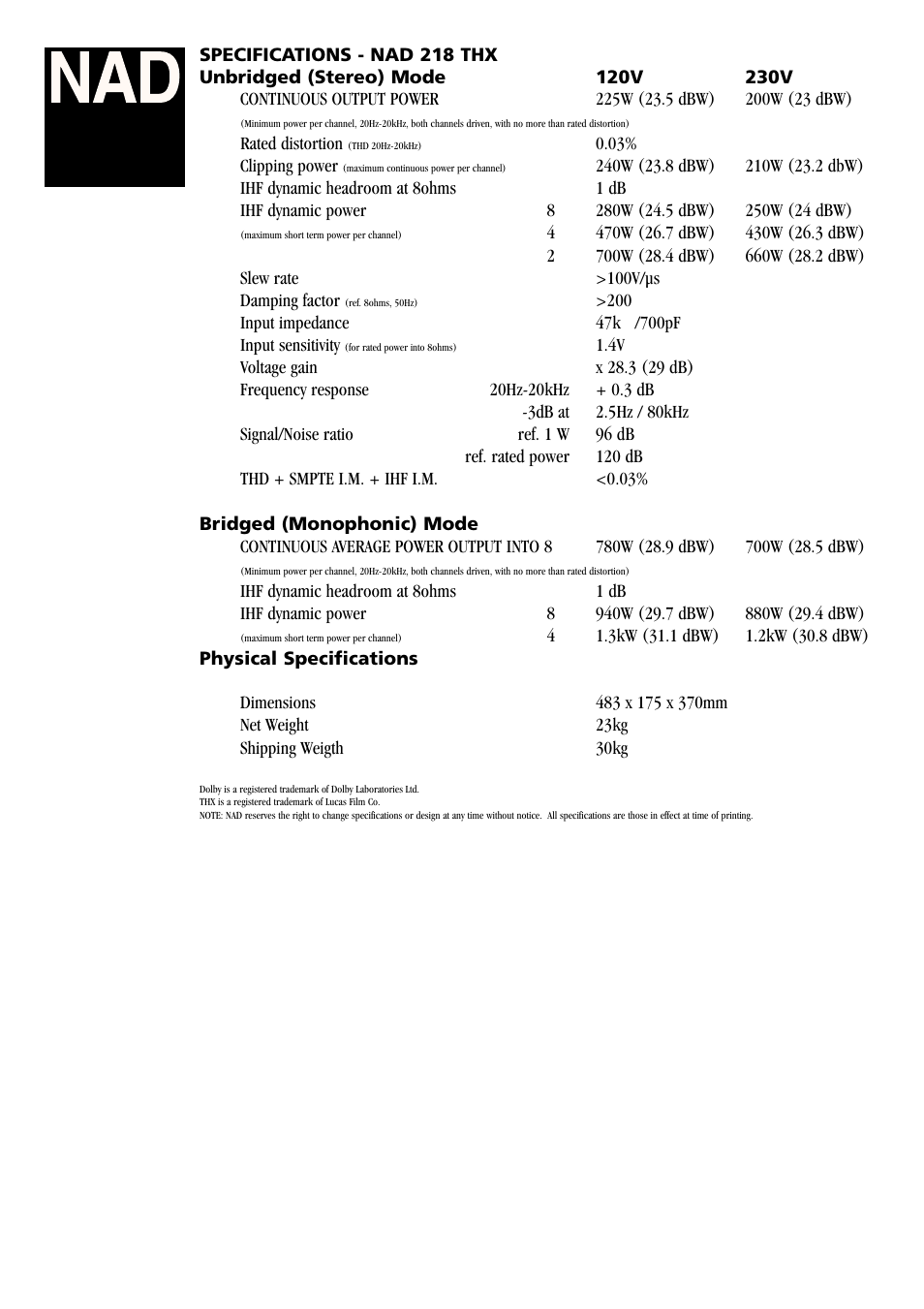 NAD 218THX User Manual | Page 2 / 2