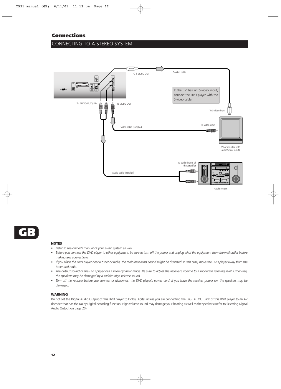 Connections, Connecting to a stereo system | NAD T531 User Manual | Page 12 / 42