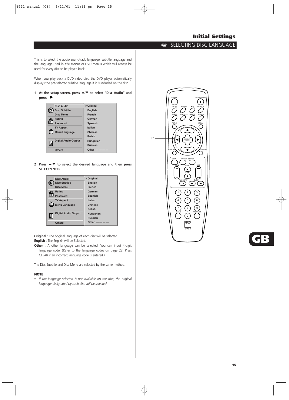 Initial settings, Selecting disc language | NAD T531 User Manual | Page 15 / 42