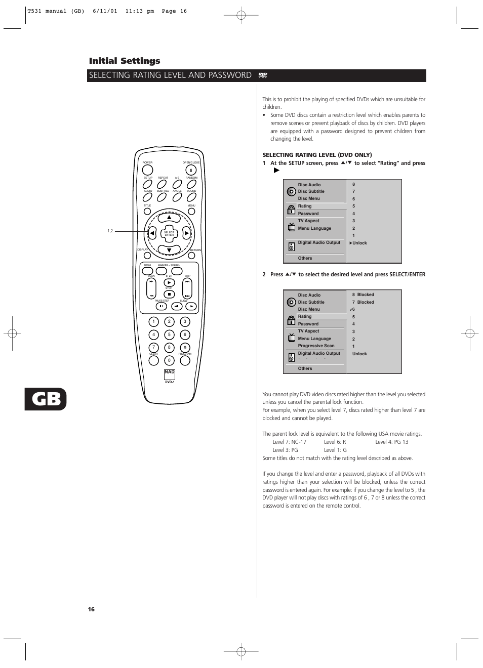 Initial settings, Selecting rating level and password | NAD T531 User Manual | Page 16 / 42