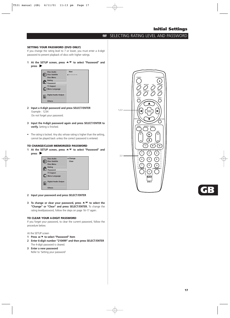Initial settings, Selecting rating level and password | NAD T531 User Manual | Page 17 / 42