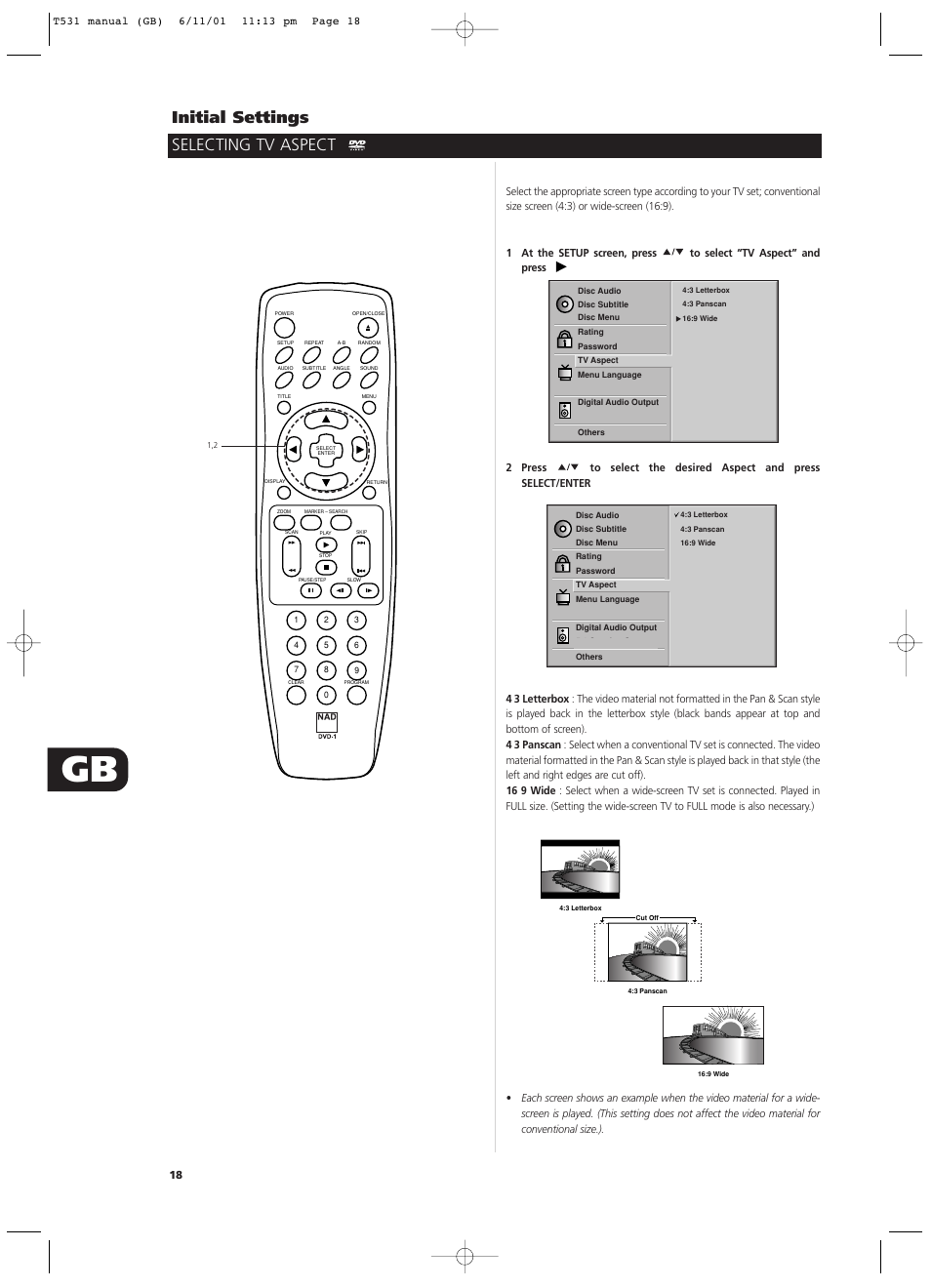 Initial settings, Selecting tv aspect | NAD T531 User Manual | Page 18 / 42