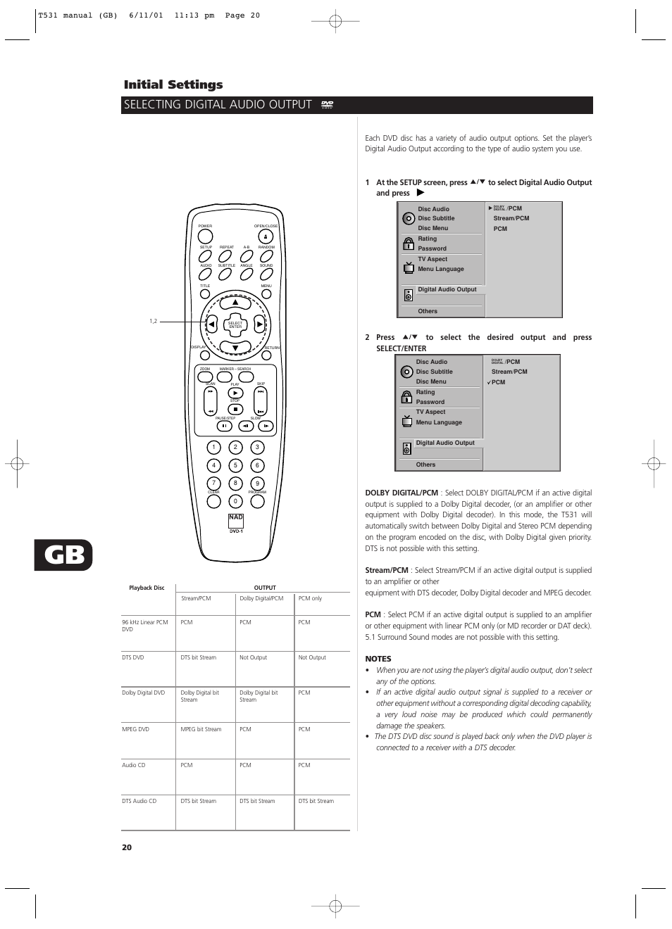 Initial settings, Selecting digital audio output | NAD T531 User Manual | Page 20 / 42