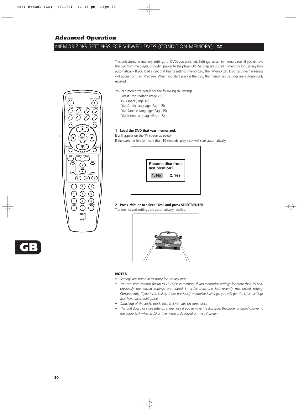 Resume disc from last position? 1. no 2. yes | NAD T531 User Manual | Page 30 / 42