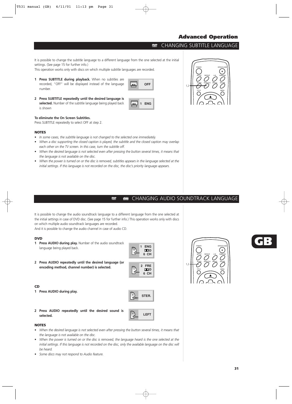 Changing subtitle language advanced operation, Changing audio soundtrack language | NAD T531 User Manual | Page 31 / 42