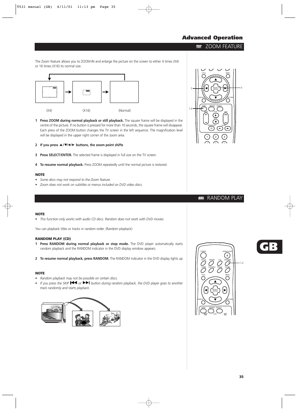 Zoom feature advanced operation, Random play | NAD T531 User Manual | Page 35 / 42