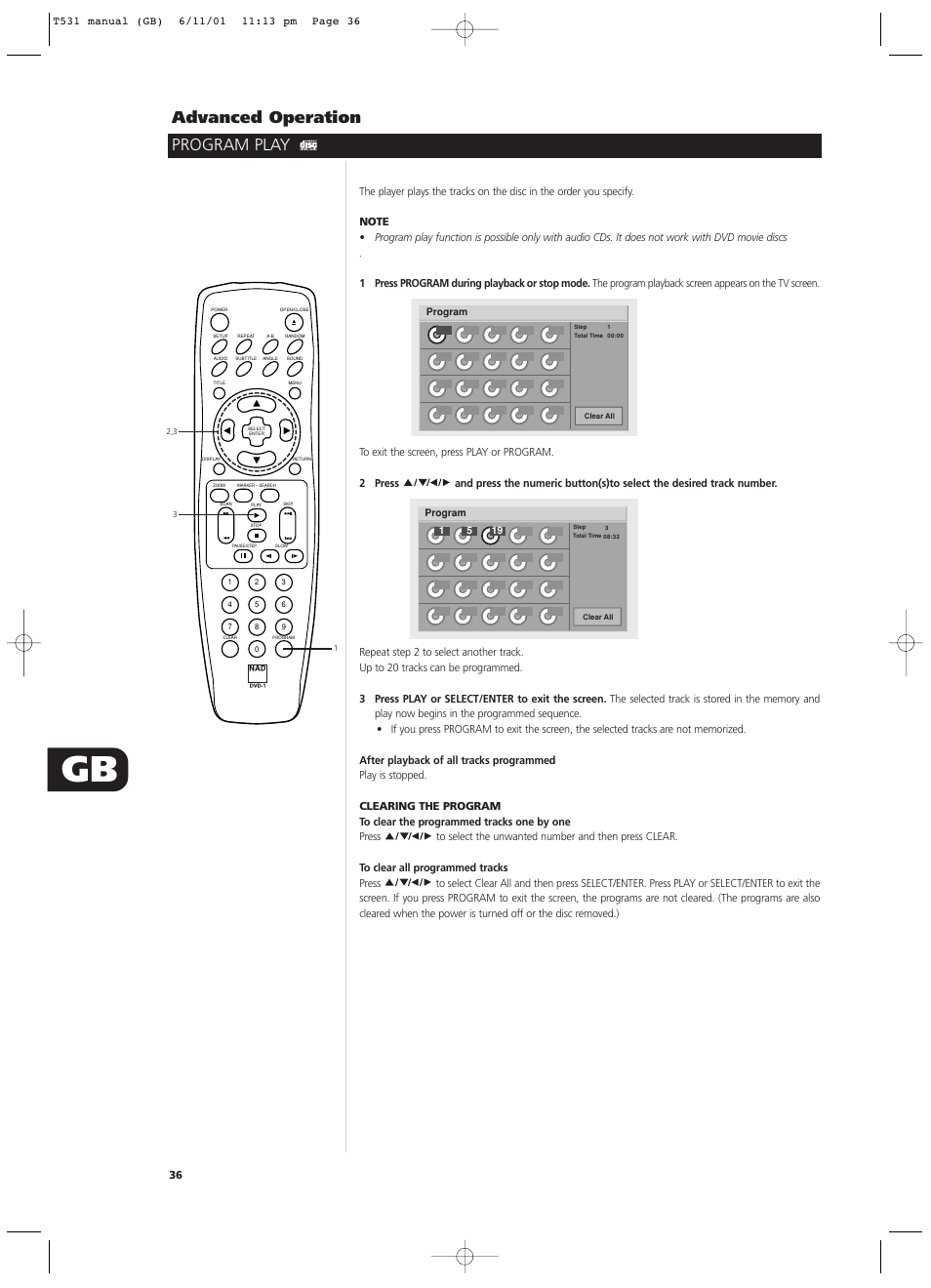 Program play advanced operation | NAD T531 User Manual | Page 36 / 42