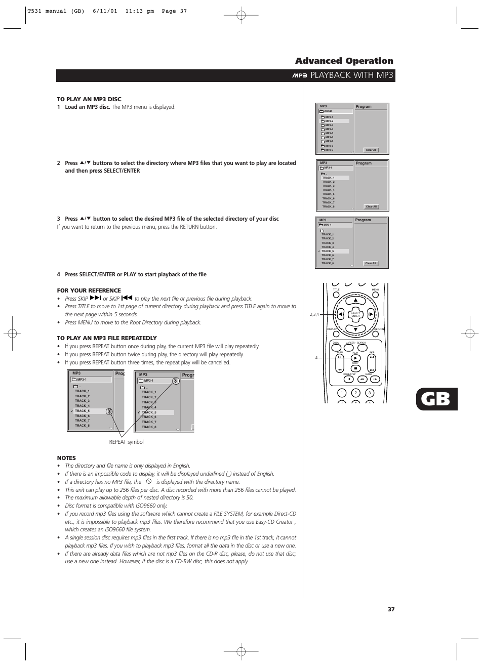 Playback with mp3 advanced operation | NAD T531 User Manual | Page 37 / 42