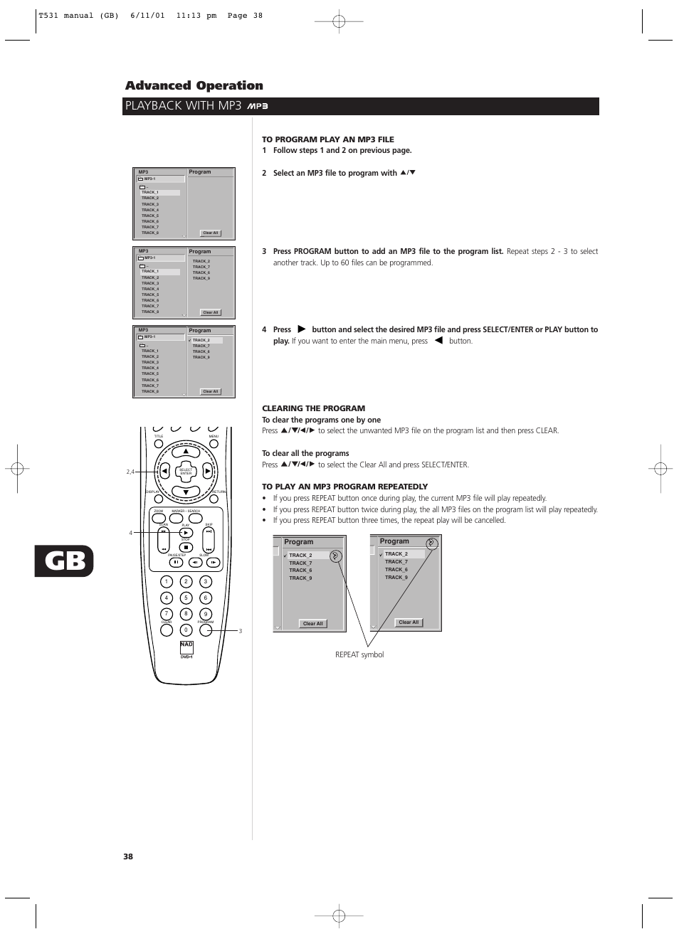 Playback with mp3 advanced operation | NAD T531 User Manual | Page 38 / 42
