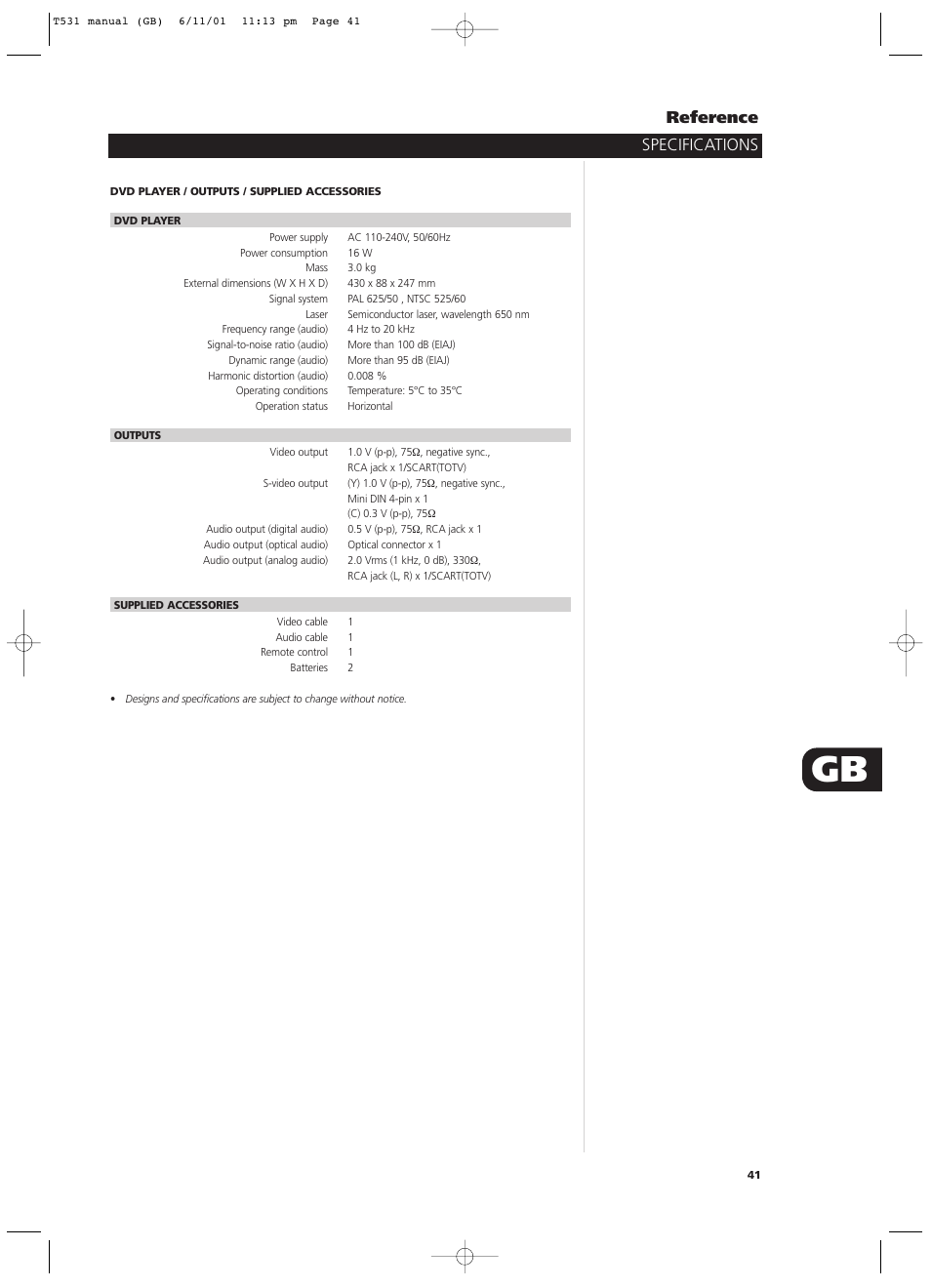 Specifications reference | NAD T531 User Manual | Page 41 / 42