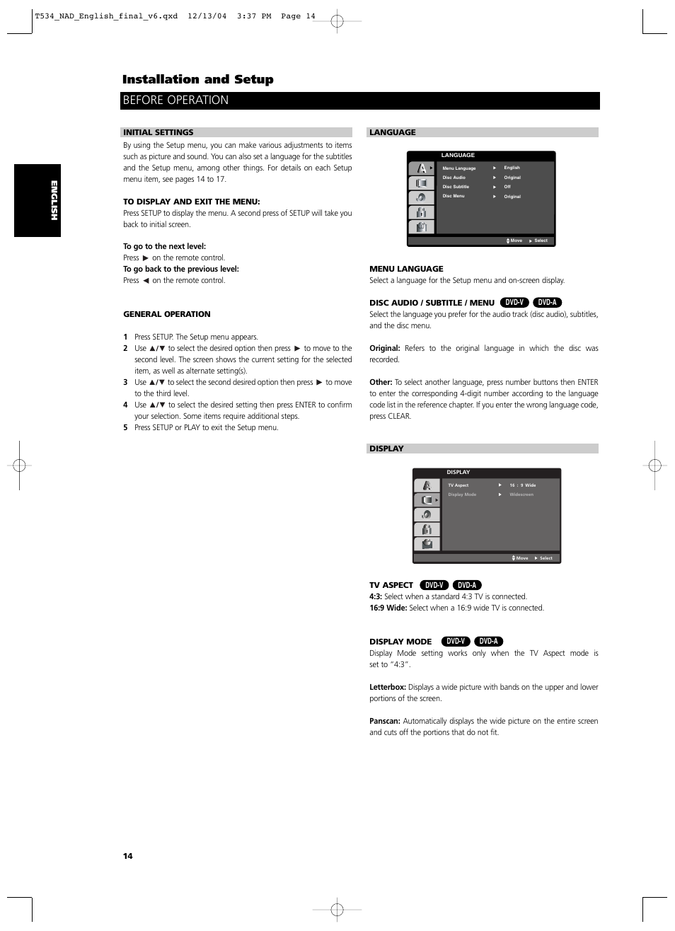 Installation and setup before operation | NAD T534 User Manual | Page 14 / 34