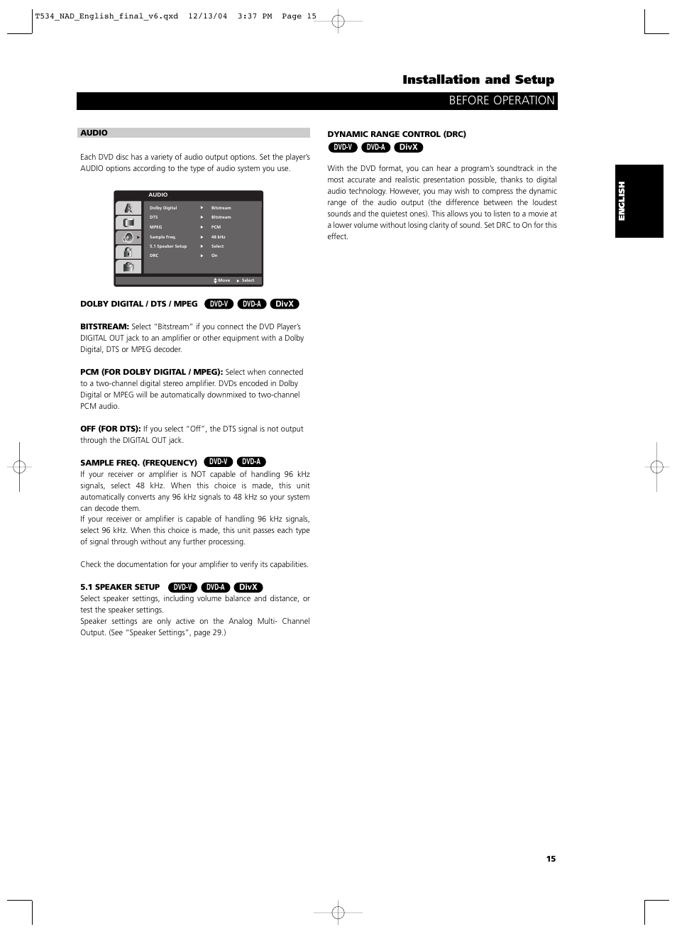 Installation and setup, Before operation | NAD T534 User Manual | Page 15 / 34
