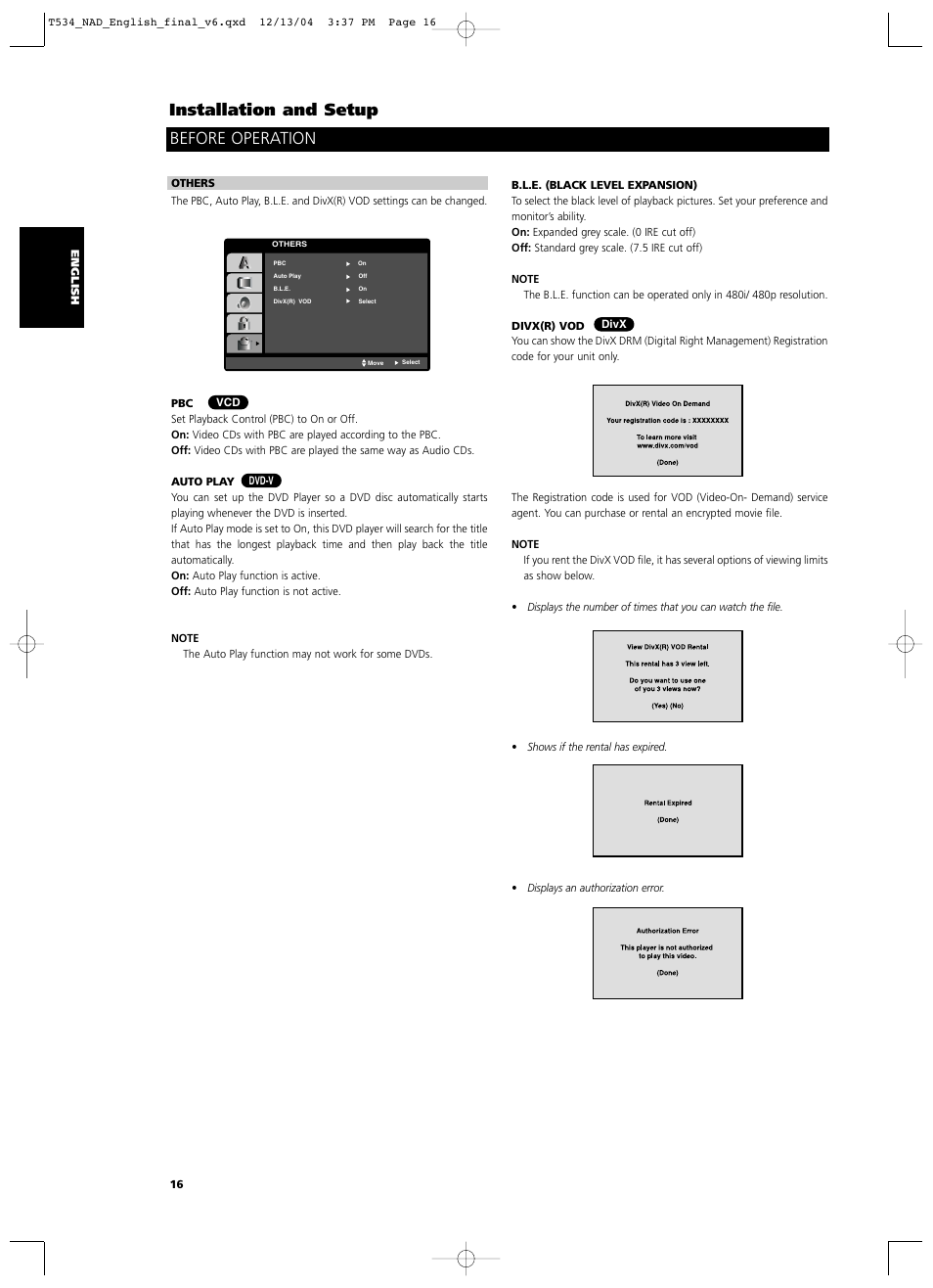Installation and setup, Before operation | NAD T534 User Manual | Page 16 / 34