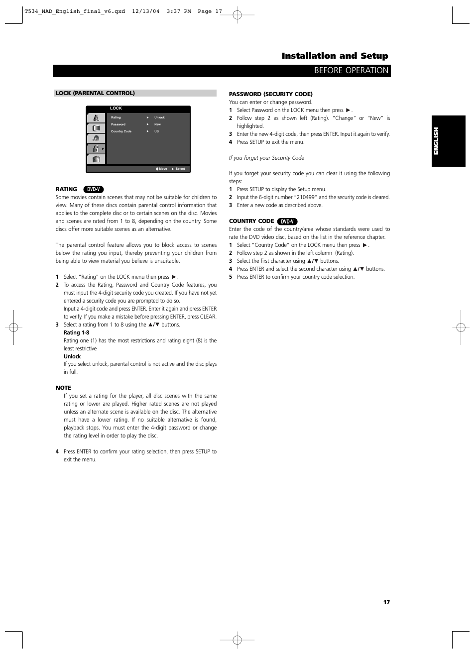 Installation and setup, Before operation | NAD T534 User Manual | Page 17 / 34