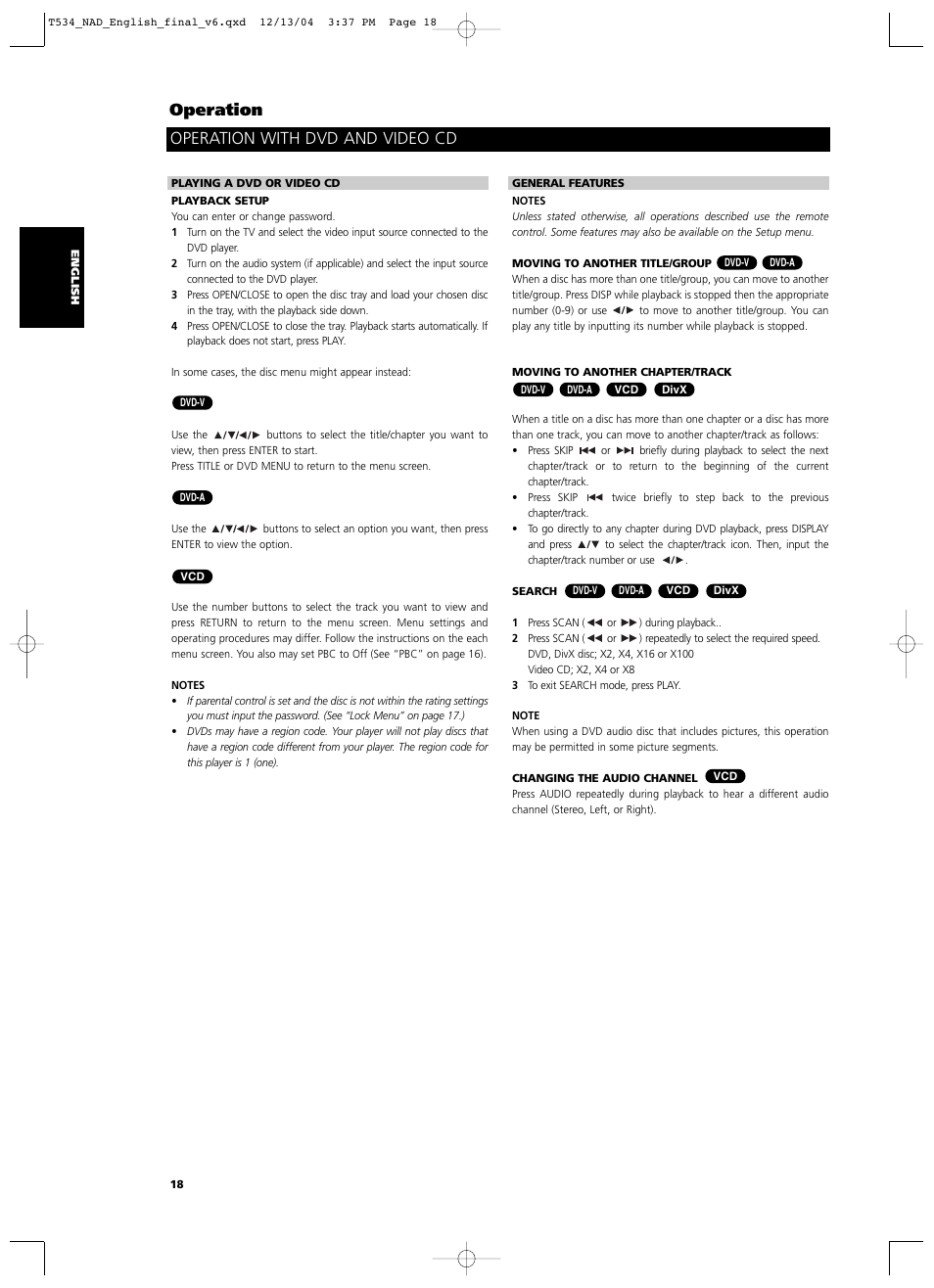 Operation, Operation with dvd and video cd | NAD T534 User Manual | Page 18 / 34