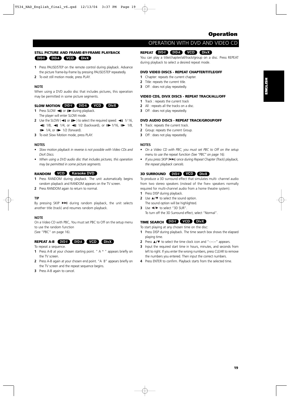 Operation, Operation with dvd and video cd | NAD T534 User Manual | Page 19 / 34