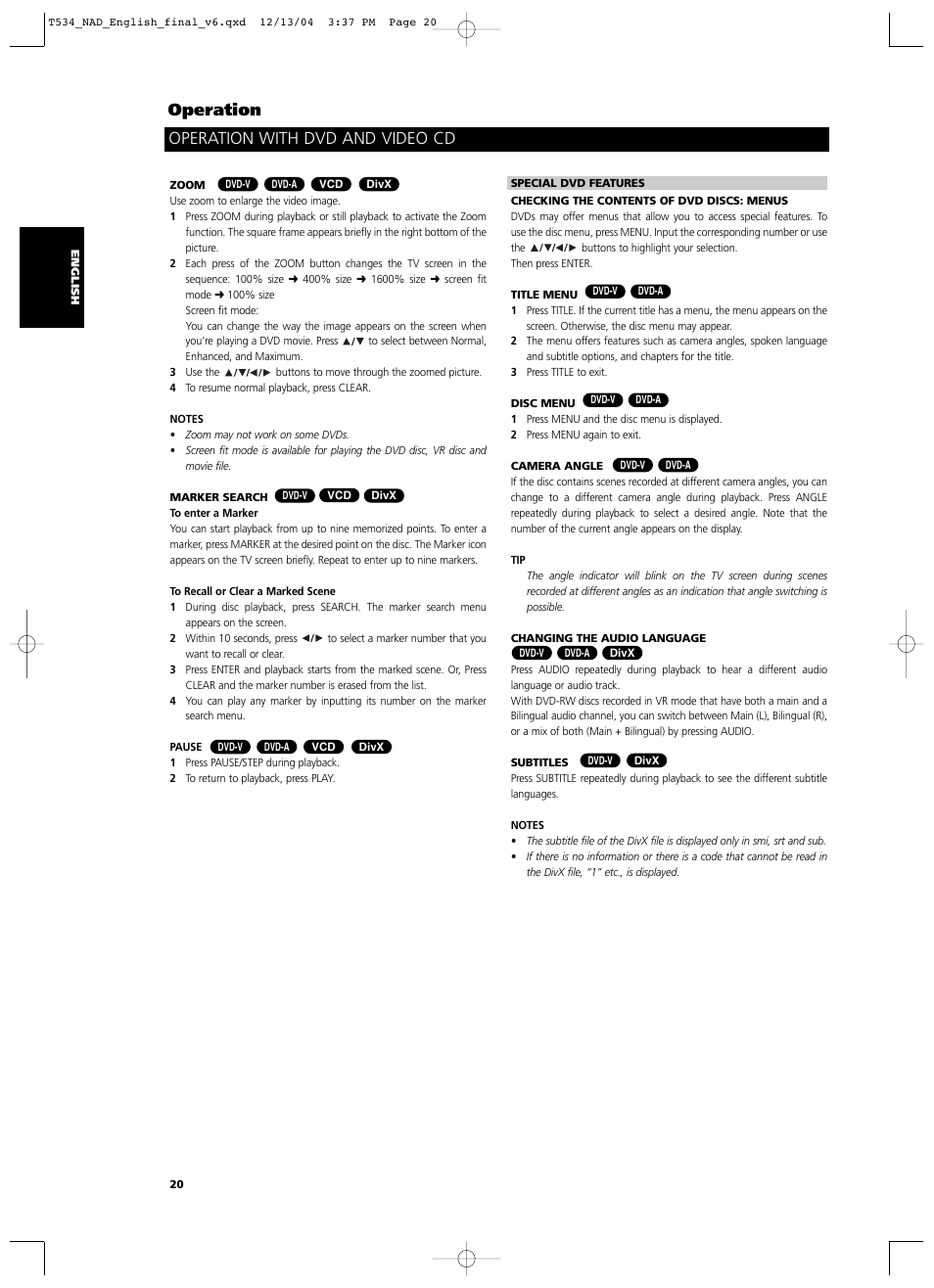 Operation, Operation with dvd and video cd | NAD T534 User Manual | Page 20 / 34