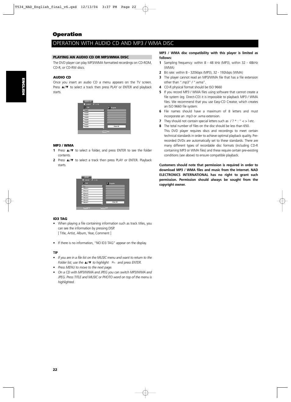 Operation, Operation with audio cd and mp3 / wma disc | NAD T534 User Manual | Page 22 / 34