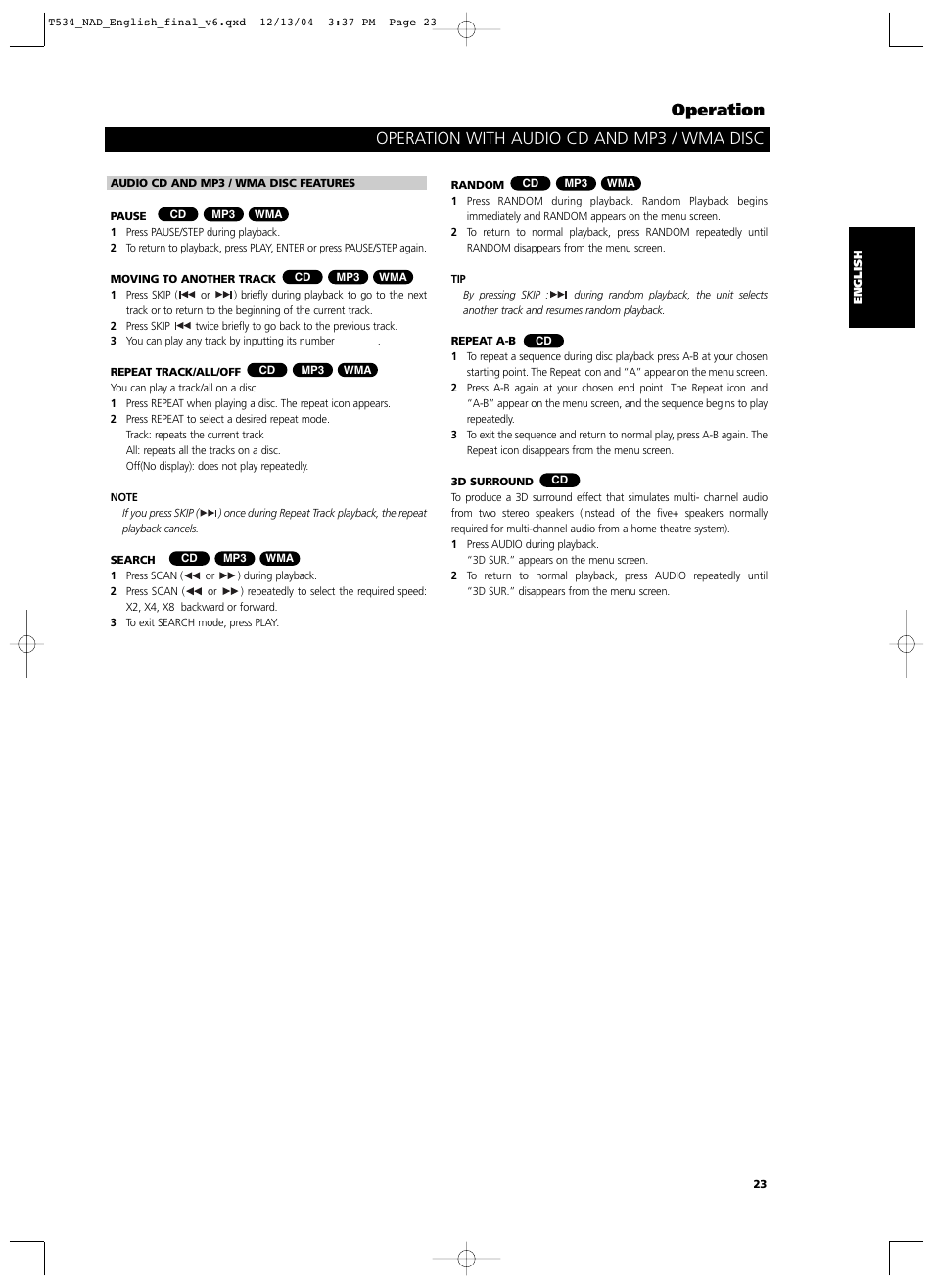 Operation, Operation with audio cd and mp3 / wma disc | NAD T534 User Manual | Page 23 / 34