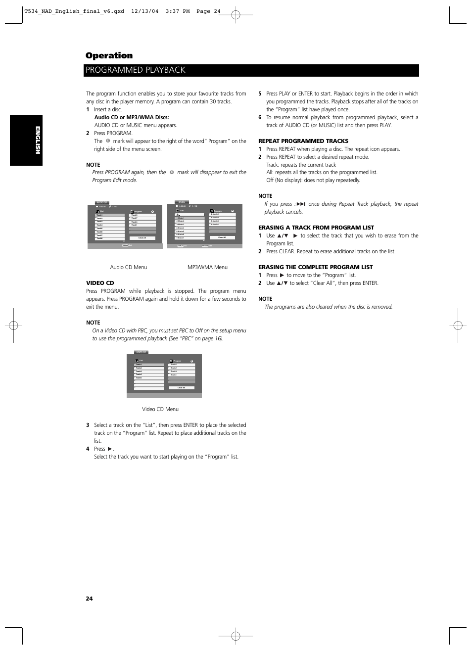 Operation programmed playback | NAD T534 User Manual | Page 24 / 34