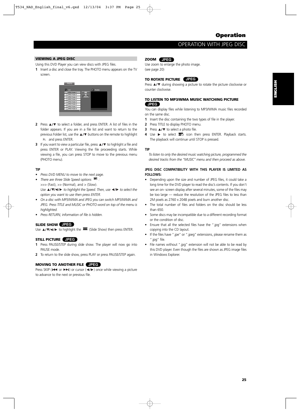 Operation, Operation with jpeg disc | NAD T534 User Manual | Page 25 / 34