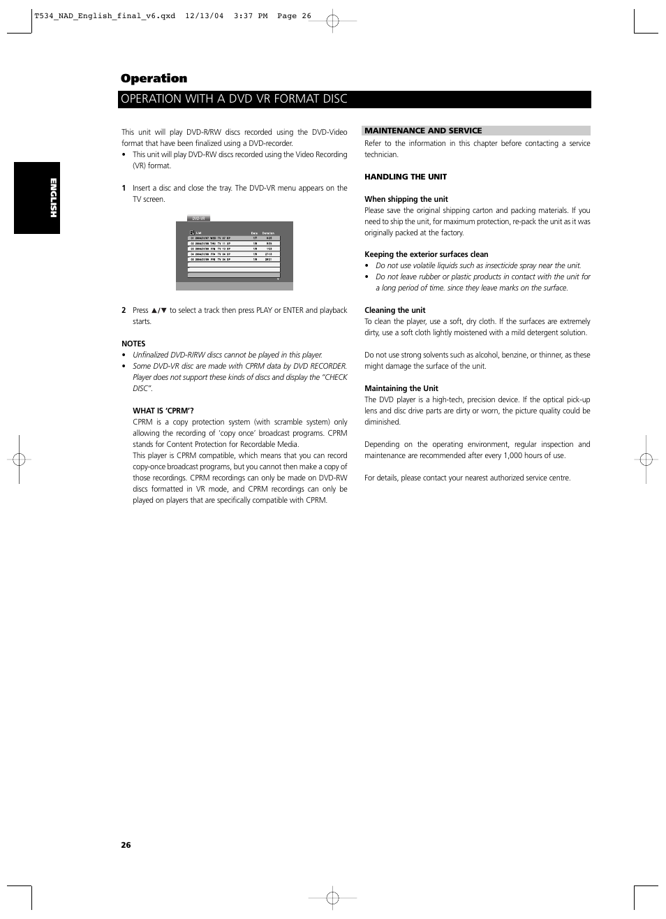 Operation operation with a dvd vr format disc | NAD T534 User Manual | Page 26 / 34
