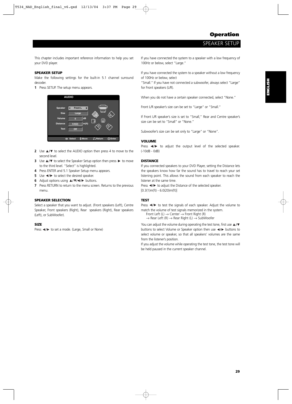 Operation, Speaker setup | NAD T534 User Manual | Page 29 / 34