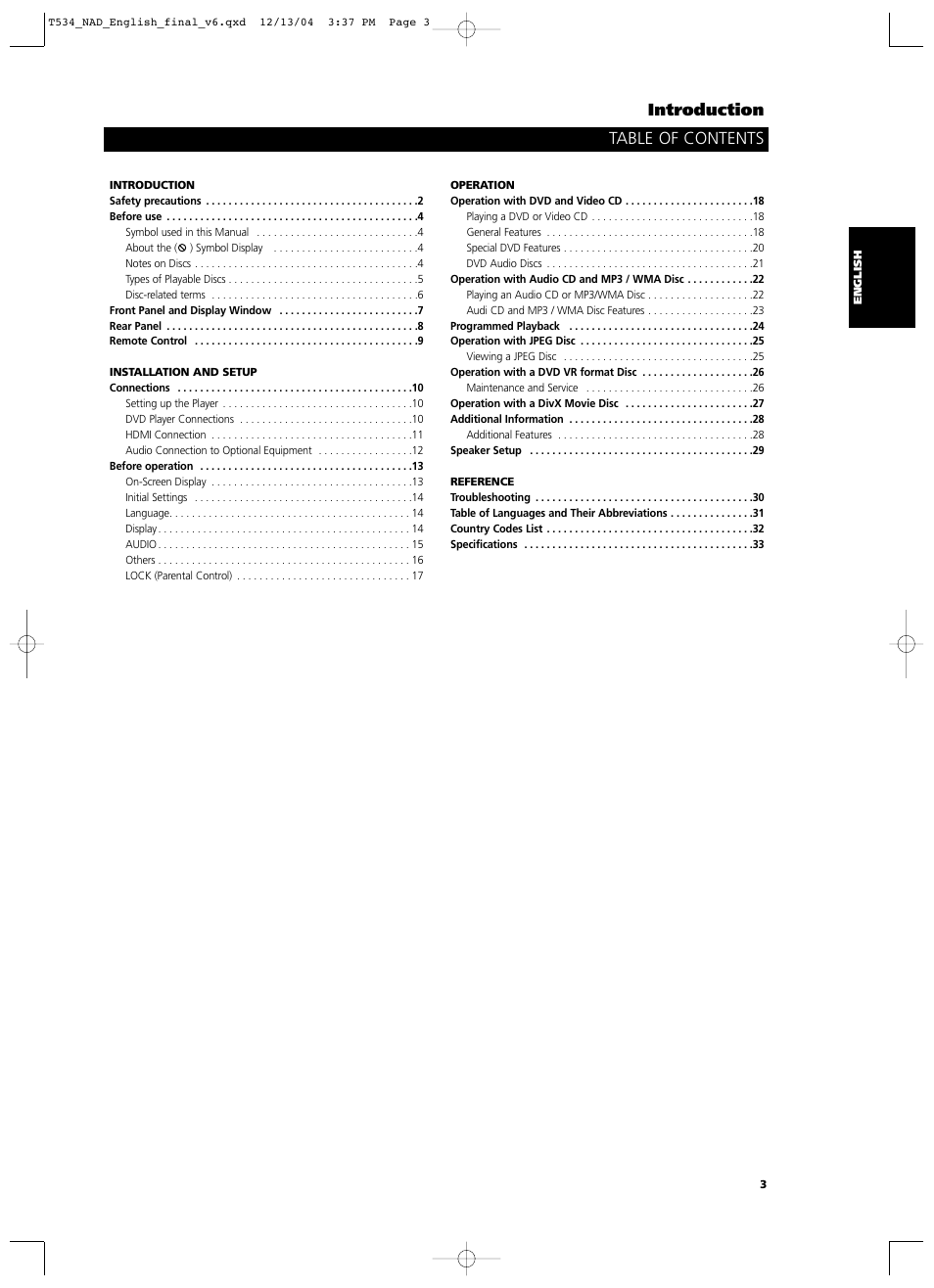 Table of contents introduction | NAD T534 User Manual | Page 3 / 34